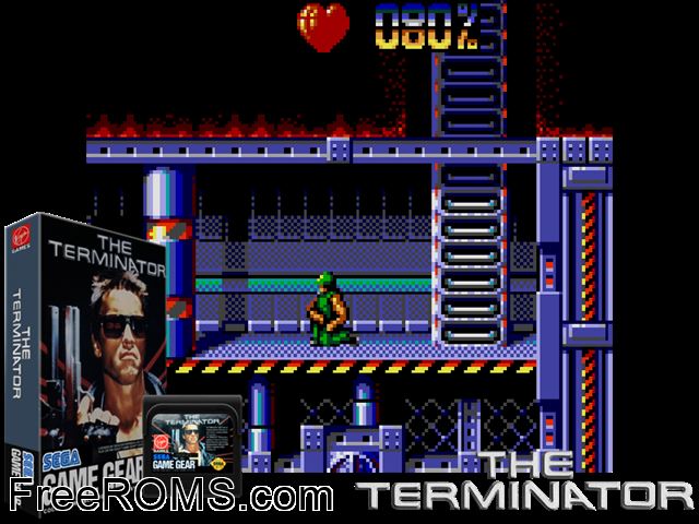 Terminator, The Game Gear game showing 3D box cover and gameplay screenshot